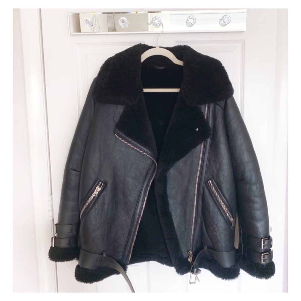 ACNE Style Shearling Lined Fur Motto Biker Jacket